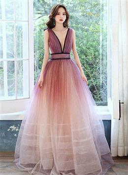 Picture of Pretty Tulle Gradient V-neckline Long Party Dresses, A-line Prom Dresses New Evening Dresses